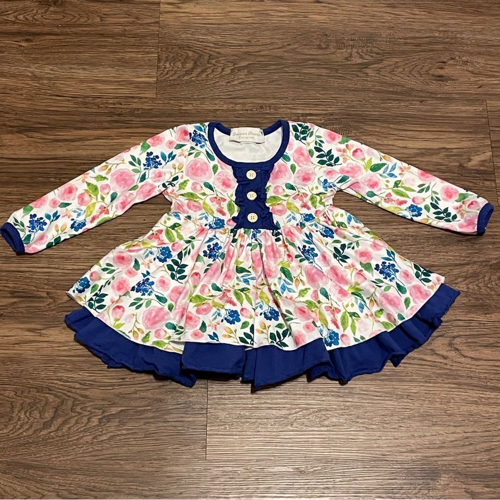 Georgia’s Boutique Long Sleeve Twirl Dresss Floral Blue White Pink Green 12-18 M